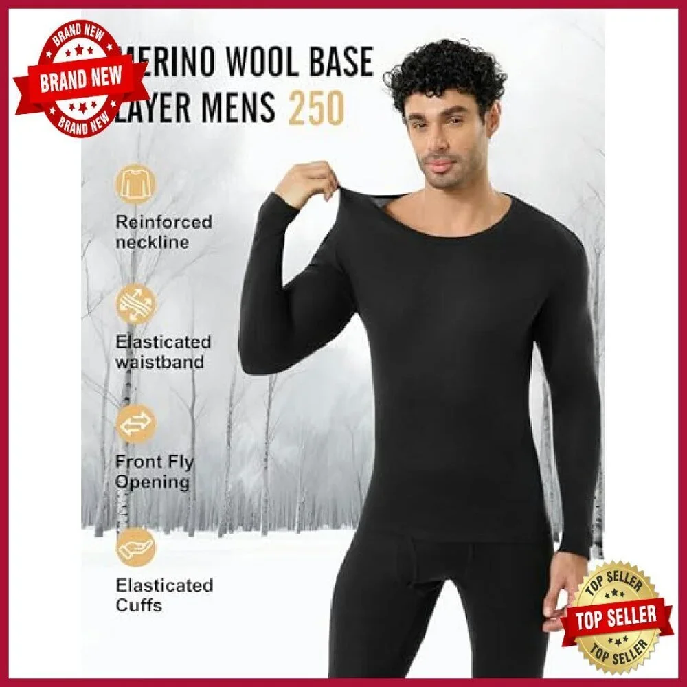 Men's Merino Wool Base Layer Set - Thermal Top & Bottom - Winter Activewear